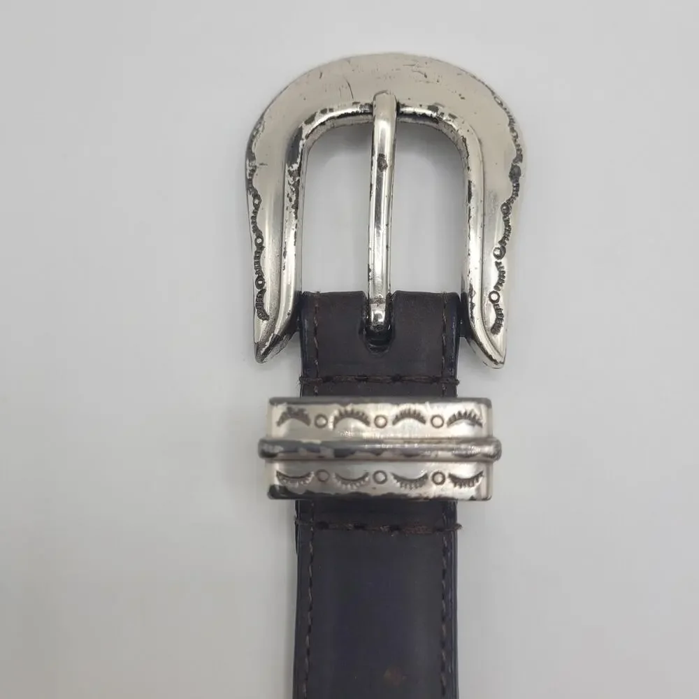 Brown Leather Belt Mens 44 Western Concho Silver Buckle Studded Cowboy Rodeo‎